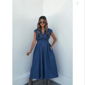 Smocked zip up denim midi dress